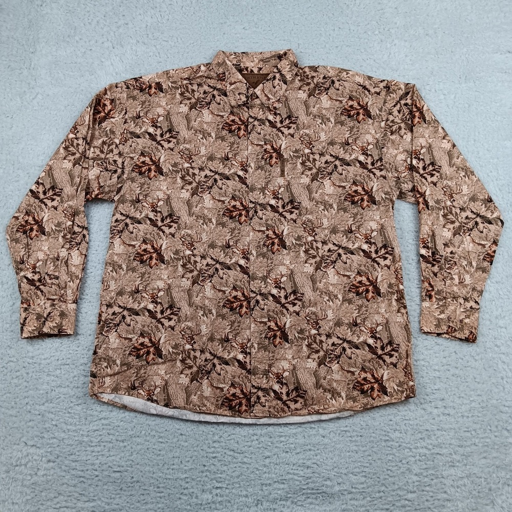 North River Button Down Hunting Shirt Men XL Brown Deer Buck Leaf Print RN 63720